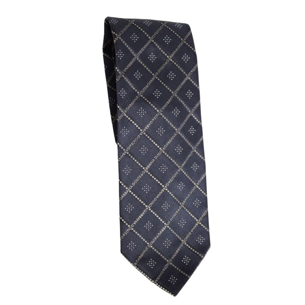 DOLCE & GABBANA 100% Silk Tie Diamond Pattern Black, Gold & White